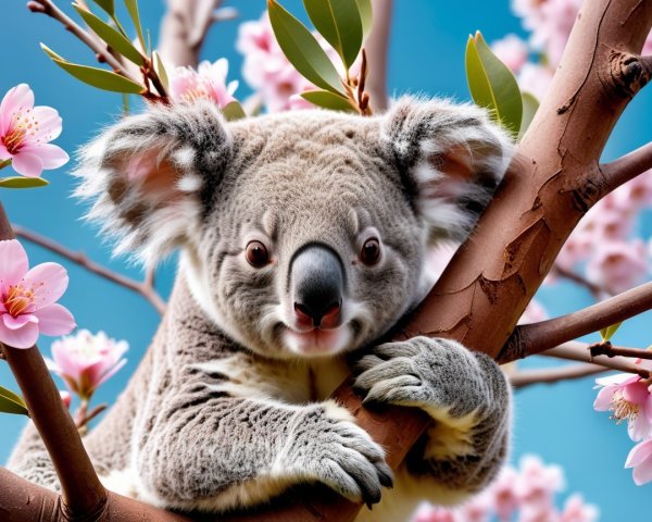 Koala on Tree Branch Surrounded by Pink Blossoms