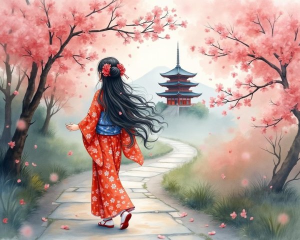 Young Woman in Orange Kimono Among Cherry Blossoms