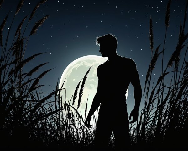 Silhouette of a Young Man in Tall Grass at Night