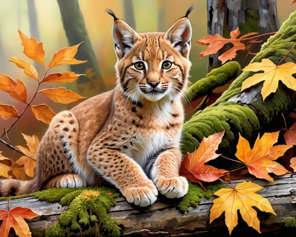 Lynx Resting on Moss Log in Autumn Woodland Scene