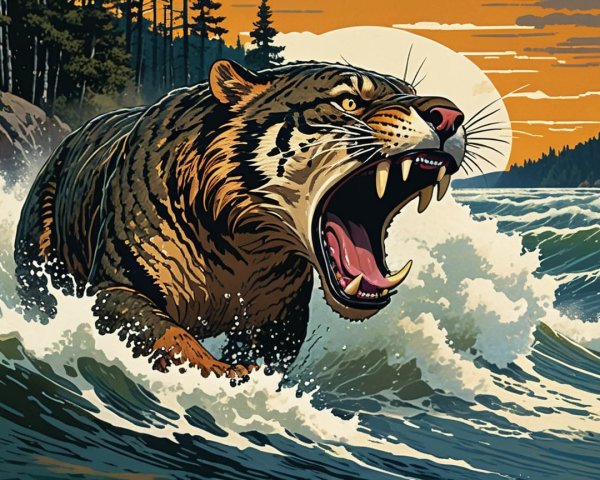 Tiger Roaring Amidst Waves at Sunset Scene