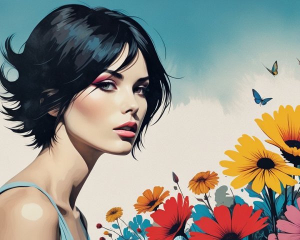 Portrait of a Woman Surrounded by Colorful Flowers