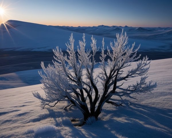 Frost-Covered Tree in Winter Landscape with Hills
