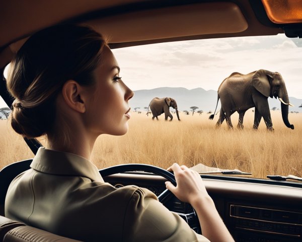 Woman Observing Elephants in African Landscape