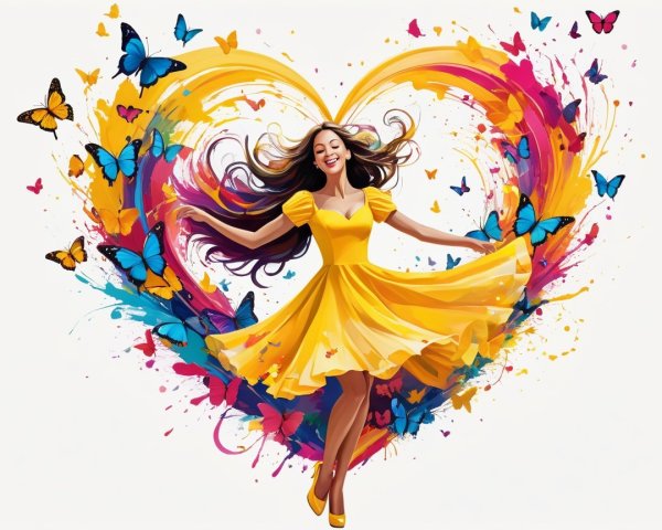 Joyful Woman in Yellow Dress Amidst Colorful Heart