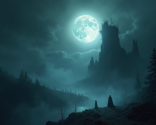 Serene Dark Landscape with Glowing Moon and Mountains