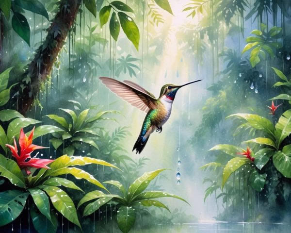Hummingbird in a Lush Tropical Rainforest Scene