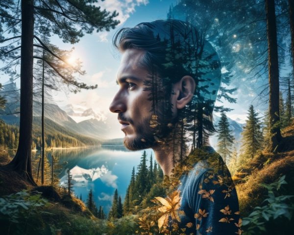 Double Exposure of Man and Serene Landscape