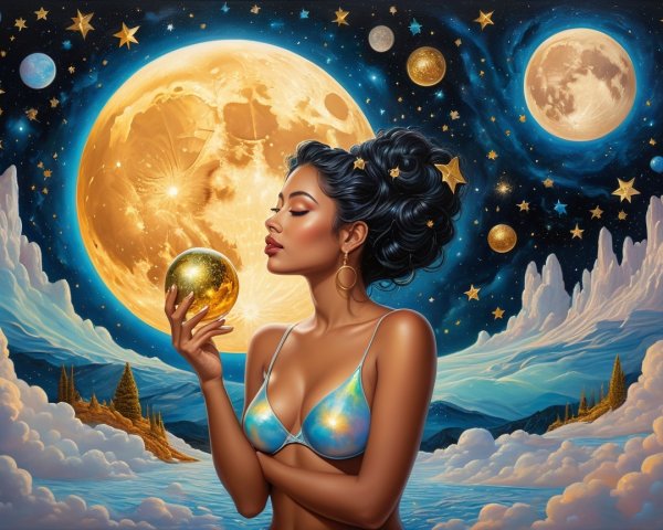 Cosmic Scene with Woman and Golden Orb in Night Sky