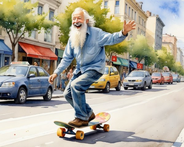 Elderly Man Joyfully Skating on Colorful Skateboard