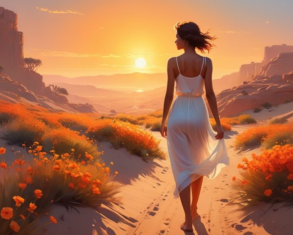 Woman in White Dress on Sandy Path at Sunset