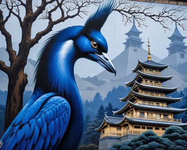 Mural Depicting Blue Peacock and Pagoda in Nature