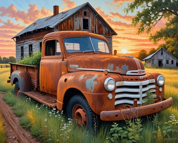 Antique Truck in Wildflower Field at Sunset
