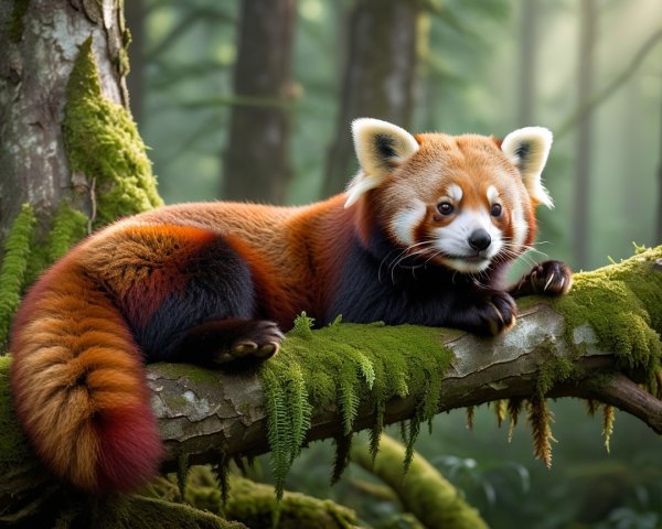 Red panda resting on a mossy branch in a forest