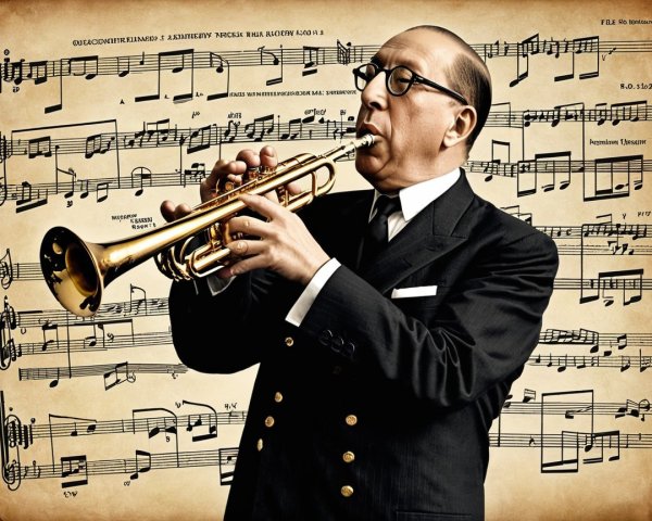 Man in Black Suit Plays Trumpet with Vintage Sheet Music