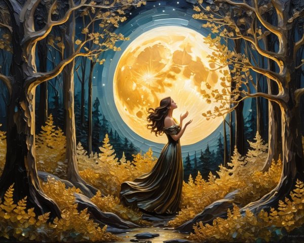 Woman in Black Gown Under Golden Moon in Forest