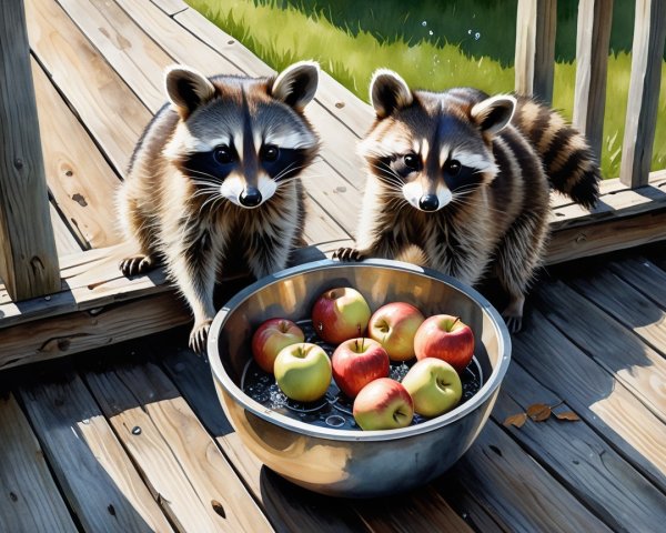 Raccoons Observing Apples on a Wooden Deck