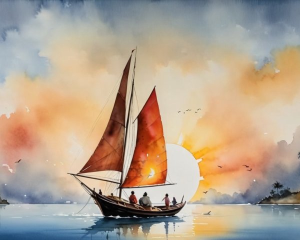 Vibrant Watercolor of Sailing Boat at Sunset