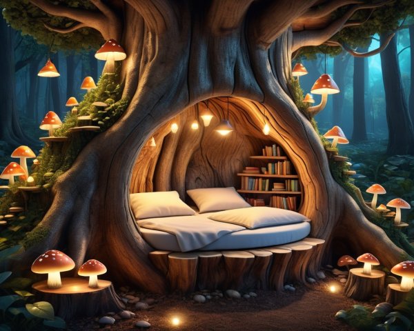 Cozy nook inside a large tree trunk in a forest