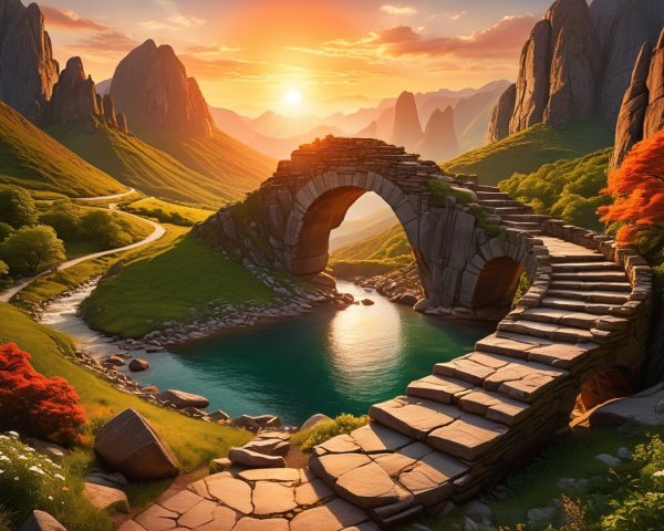 Serene River and Stone Bridge in Autumn Landscape