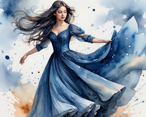 Graceful Woman in Flowing Blue Gown with Watercolor Background