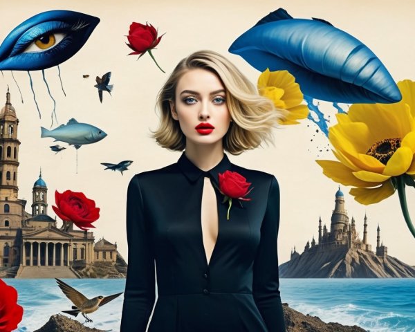 Surreal Composition with Model in Black Dress and Nature