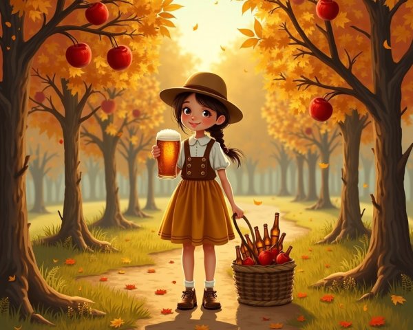 Young girl on autumn path with apples and beer