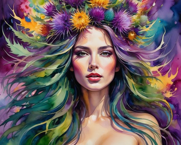 Watercolor Portrait of a Woman with Flowers and Nature