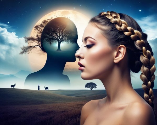 Serene Woman in Braids with Mystical Landscape Backdrop