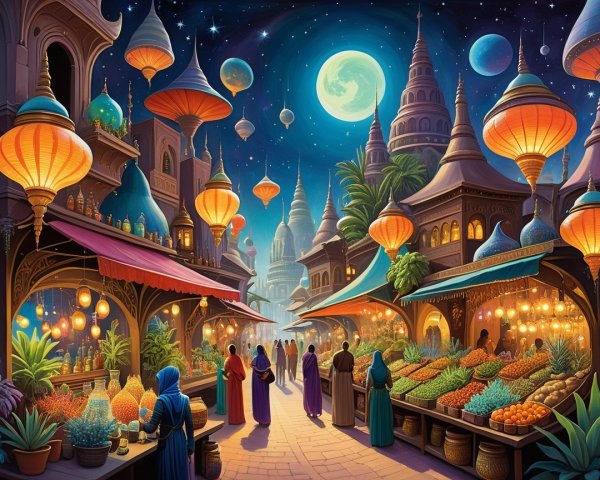 Vibrant Market Scene with Lanterns and Traditional Attire