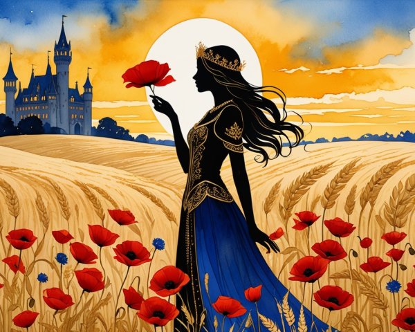 Silhouette in Gown Amidst Poppies at Sunset