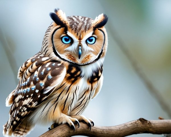 Owl on Branch with Detailed Plumage and Blue Eyes