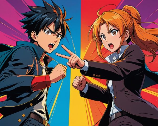 Anime Characters in Distinctive Outfits Facing Off