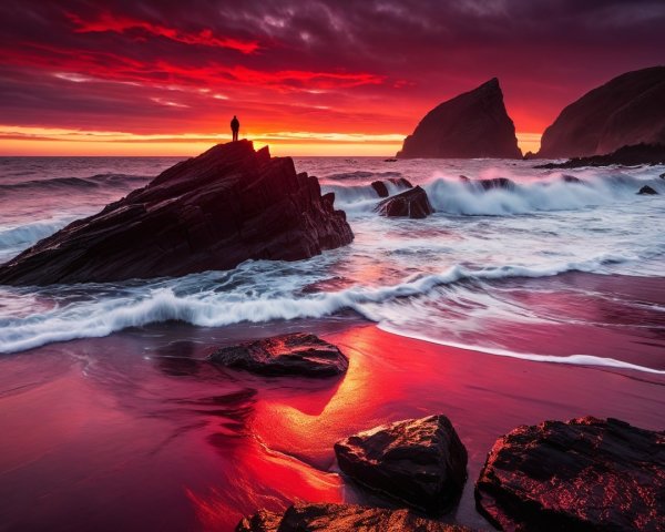 Silhouetted Figure on Jagged Rock at Sunset
