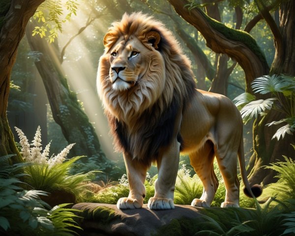 Lion on Moss-Covered Rock in Lush Forest Setting