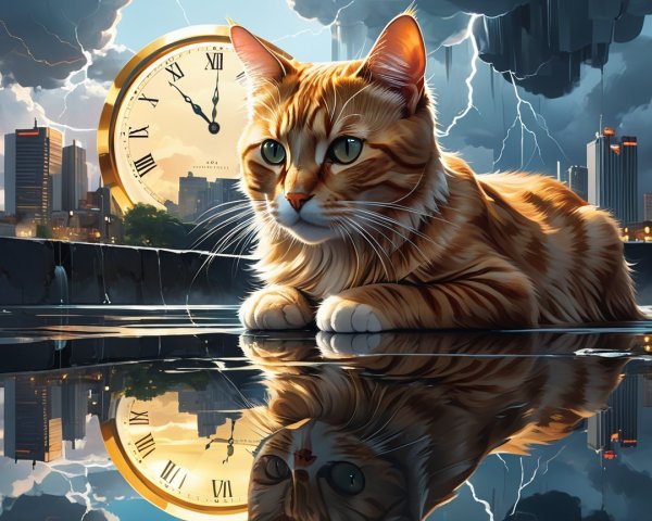Orange Tabby Cat Reflecting in Dramatic Skyline Scene
