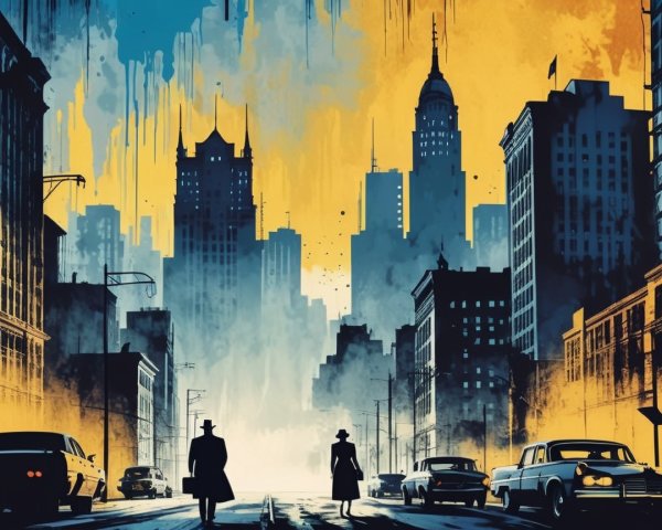 Moody Cityscape with Silhouetted Figures and Vintage Cars