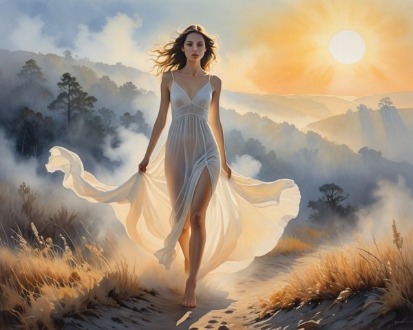 Serene Sunrise Landscape with Woman in White Dress