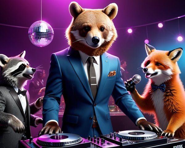 three anthropomorphic animals at a party scene