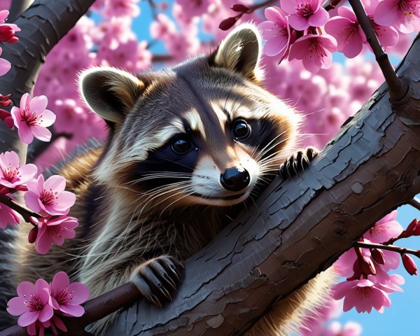 Raccoon on Branch Amidst Cherry Blossoms and Sky