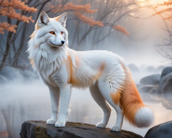 Ethereal fox by misty lake in tranquil forest setting