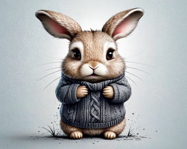 Chubby Rabbit in Cozy Sweater on Grass Background