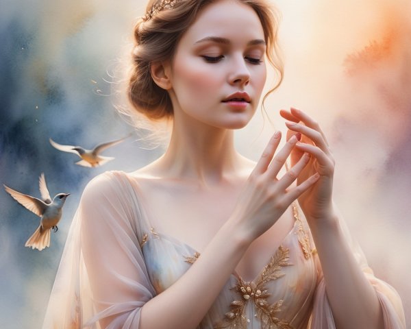 Serene Young Woman in Ethereal Floral Gown