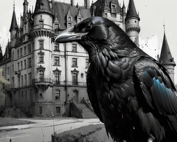 Raven and Gothic Castle Create Mysterious Scene