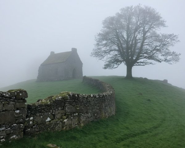 Stone Chapel on Grassy Hill Surrounded by Fog