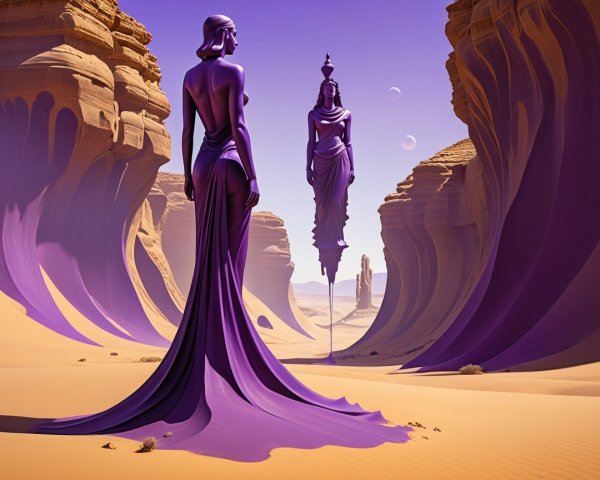 Surreal Desert Landscape with Towering Purple Figure