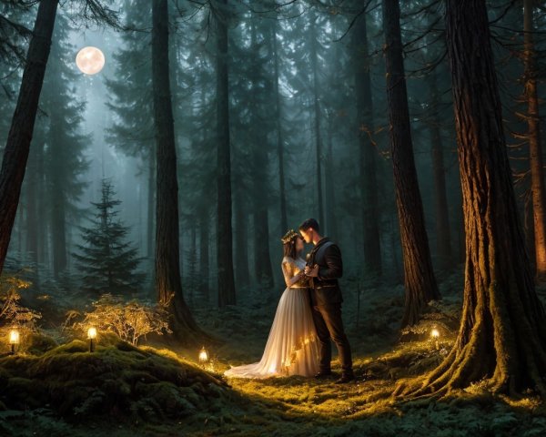 Couple Embraced in Misty Forest Under Full Moon
