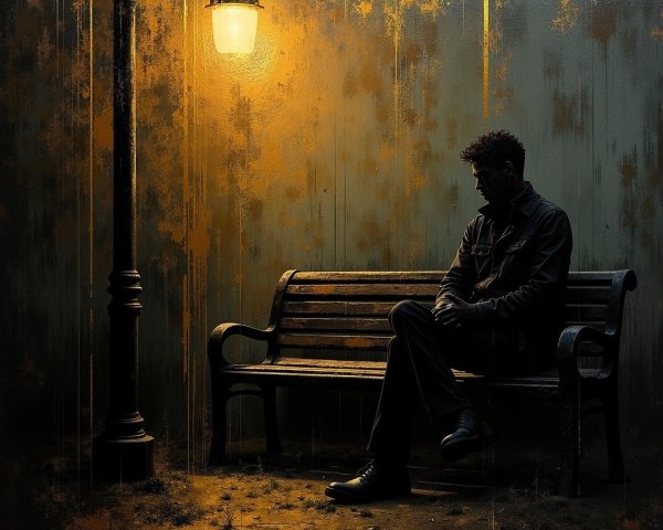 Solitary Figure on Weathered Bench Under Streetlamp