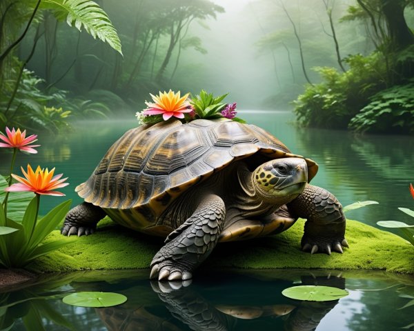 Turtle on a Lush Island by a Misty Pond