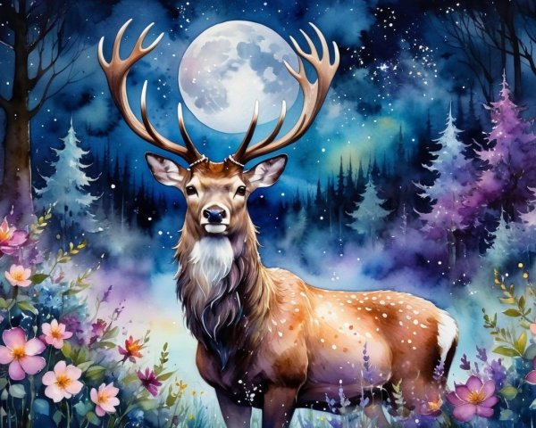 Majestic stag in a mystical moonlit forest scene
